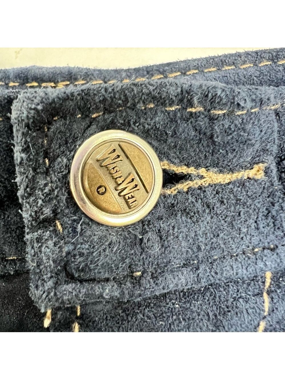 Vintage 80s 90s Wash & Wear genuine suede dark blue high rise slim fit pants 24 - Picture 9 of 15